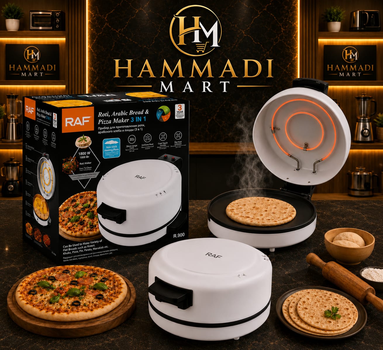 RAF Roti, Arabic Bread & Pizza Maker 3-in-1 (R.900)